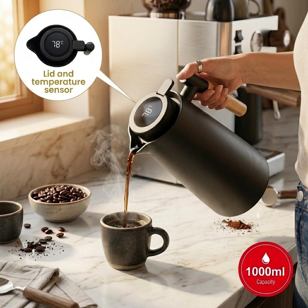 1L Smart Vacuum Jug with LCD Temperature Display, Insulated Thermal Flask, Glass Liner, Wooden Handle, Hot & Cold Beverage Jug