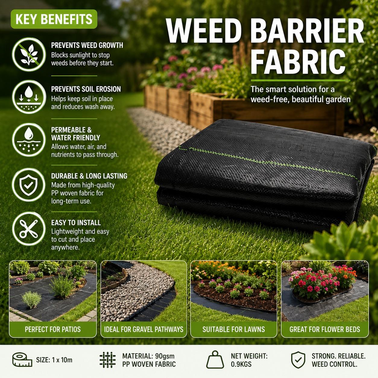 Heavy Duty Weed Barrier Fabric 1x10m 90gsm Ground Cover Membrane for Garden Landscaping Gravel Paths Patio Flower Beds