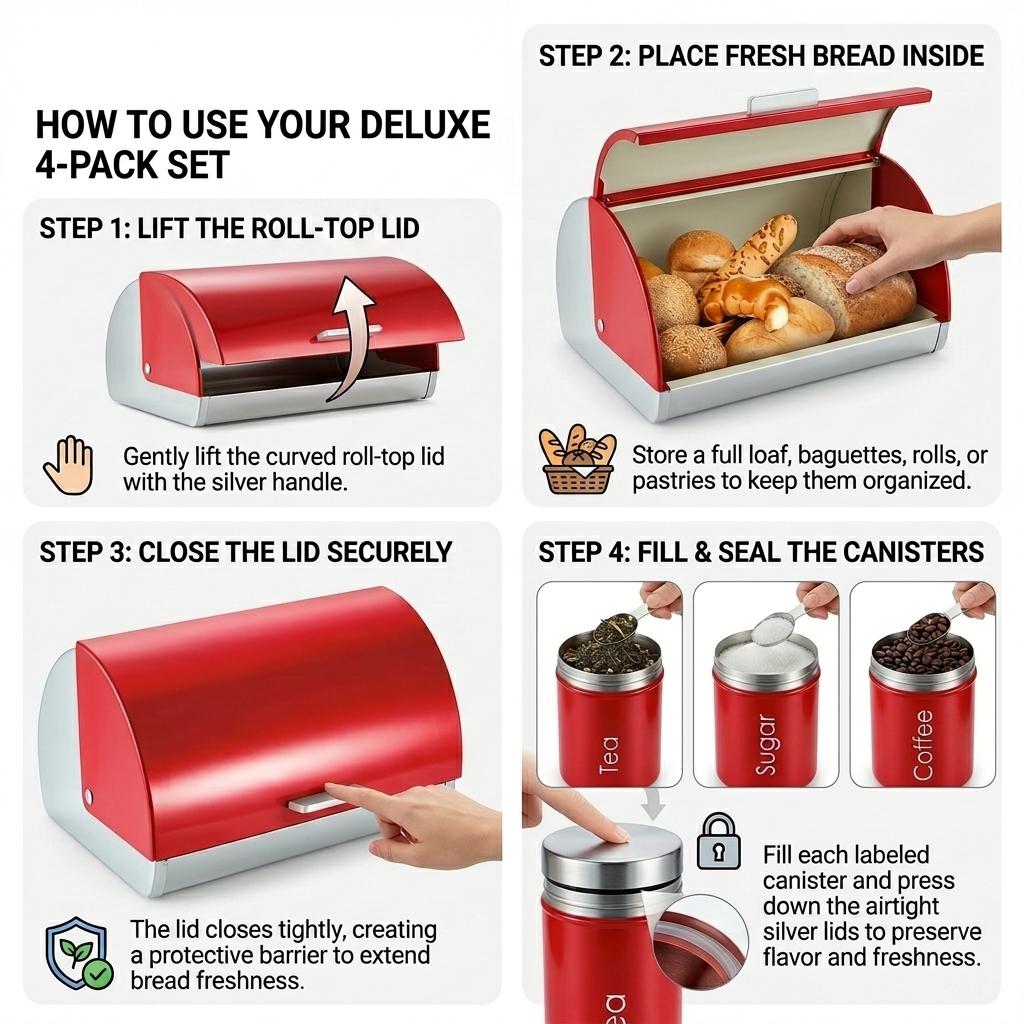 4PC Kitchen Storage Set Red Bread Bin with Tea Coffee Sugar Canisters Stainless Steel Food Containers UK Home Use