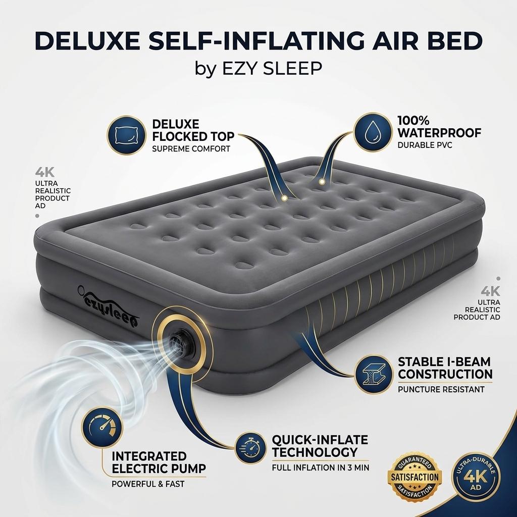 Deluxe Self Inflating Air Bed Single and Double Portable Inflatable Mattress with Built-In Pump Waterproof Flocked Top Camping Guest Bed UK