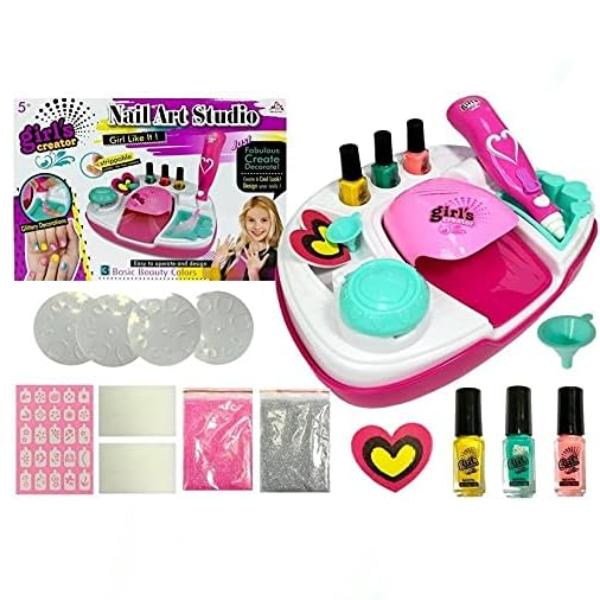 Nail Art Studio Kit for Kids with Battery Nail Dryer Washable Manicure Set with Stickers Glitter & Polish Pens Creative Toy Gift for Girls, Perfect for Parties & Playdates
