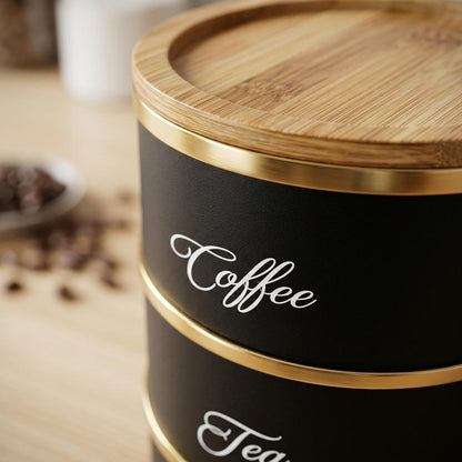 3 Piece Round Storage Canister Set Stackable Metal Kitchen Containers with Bamboo Lids for Tea, Coffee, Sugar & Pantry Storage