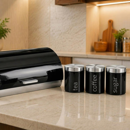 4 Piece Stainless Steel Bread Bin with Tea Coffee Sugar Canister Set Black Powder Coated Kitchen Storage Containers Modern Countertop Food Storage & Kitchen Organisation