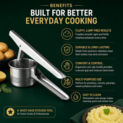 Stainless Steel Potato Ricer & Masher with Non-Slip Handle, Heavy Duty Handheld Potato Press for Smooth Mashed Potatoes, Vegetable Ricer for Home Kitchen Cooking