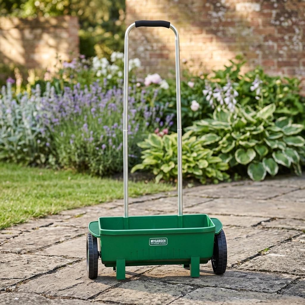 12L Lawn Seed Spreader Rotary Garden Fertiliser & Salt Spreader with Adjustable Flow Rate, Long Aluminium Handle & Protective Rain Cover