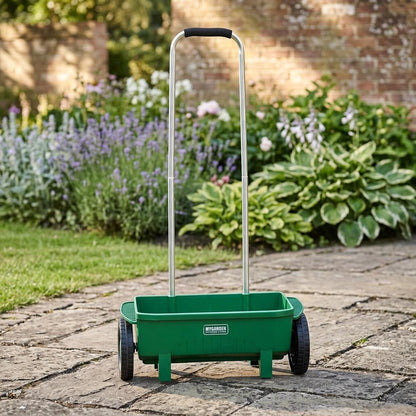 12L Lawn Seed Spreader Rotary Garden Fertiliser & Salt Spreader with Adjustable Flow Rate, Long Aluminium Handle & Protective Rain Cover