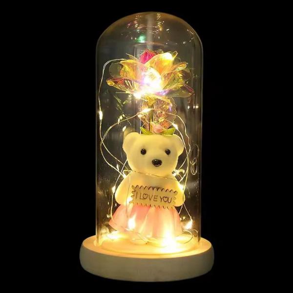 LED Light Up Rose in Glass Dome with Mini Teddy Bear Romantic Gift for Valentine’s Day Birthday Christmas Random Colour