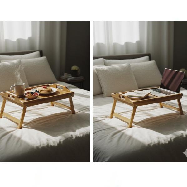 New Bamboo Bedside Table with Foldable Legs Bed Tray Breakfast Tray for Sofa Bed Eating Working Used As Desk for Laptop Snack Serving