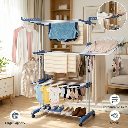 4 Tier Foldable Clothes Airer Drying Rack with Wheels Adjustable Indoor Laundry Dryer 18m Drying Space Lightweight & Durable for Household Use