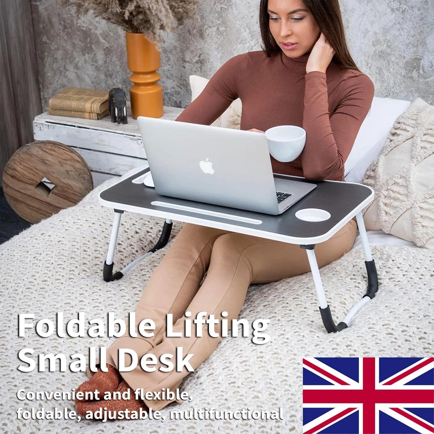 Foldable Laptop Table for Bed & Sofa Portable Desk with Cup Holder Phone/Tablet Slot Book Storage Study Work Reading Writing Breakfast Tray