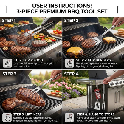 3 Piece Stainless Steel BBQ Tool Set with Food Turner, Tongs & Fork Barbecue Utensils with Hanging Loops BBQ Accessories for Garden, Camping & Outdoor Cooking