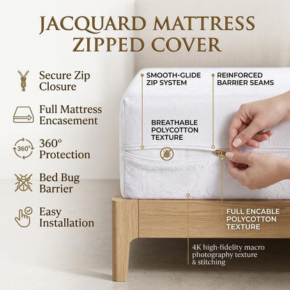 Zipped Mattress Protector Full Encasement Jacquard Flower Polycotton Anti Bed Bug Cover Breathable Hypoallergenic White