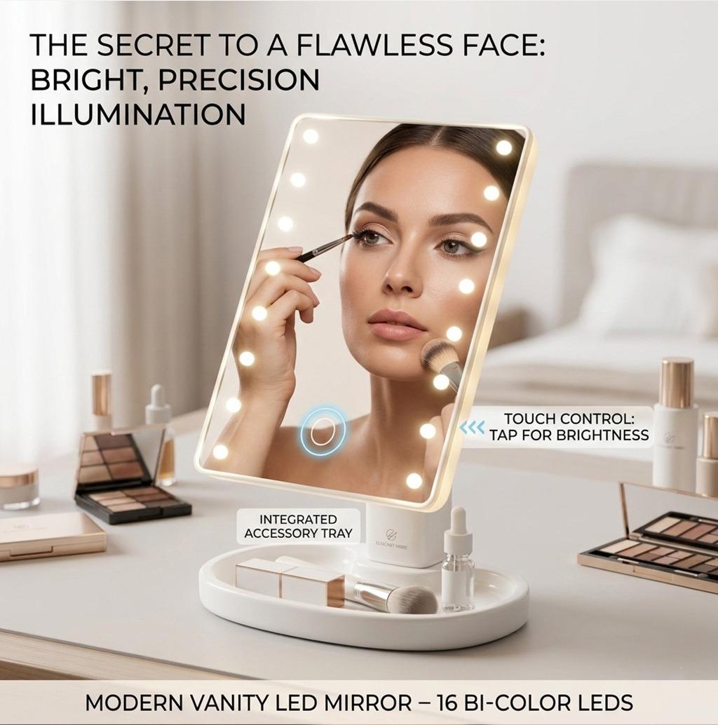16 LED Lighted Makeup Mirror with Touch Control Portable Vanity Cosmetic Mirror with Adjustable Brightness Magnifying Mirror & Stand Tray