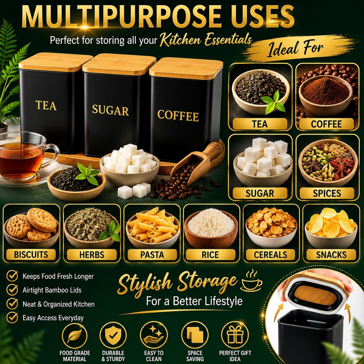 3 Piece Kitchen Storage Canister Set with Bamboo Lids Square Metal Food Storage Containers for Tea, Coffee & Sugar Utensils