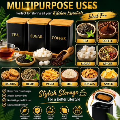 3 Piece Kitchen Storage Canister Set with Bamboo Lids Square Metal Food Storage Containers for Tea, Coffee & Sugar Utensils