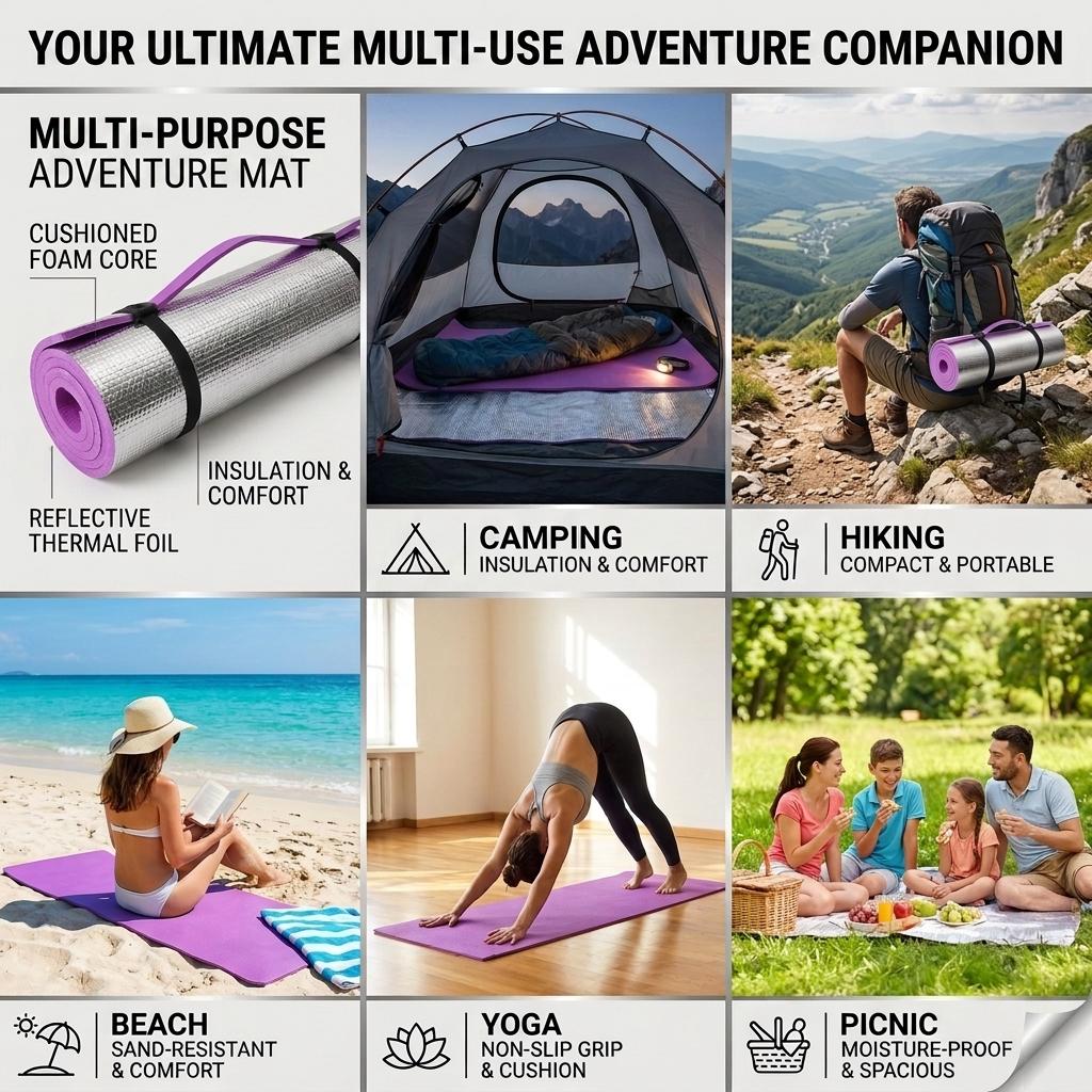Waterproof EVA Camping Mat Pink 180 x 50 x 0.6cm Lightweight Roll Up Foam Sleeping Mat Outdoor Hiking, Picnic & Beach Ground Pad