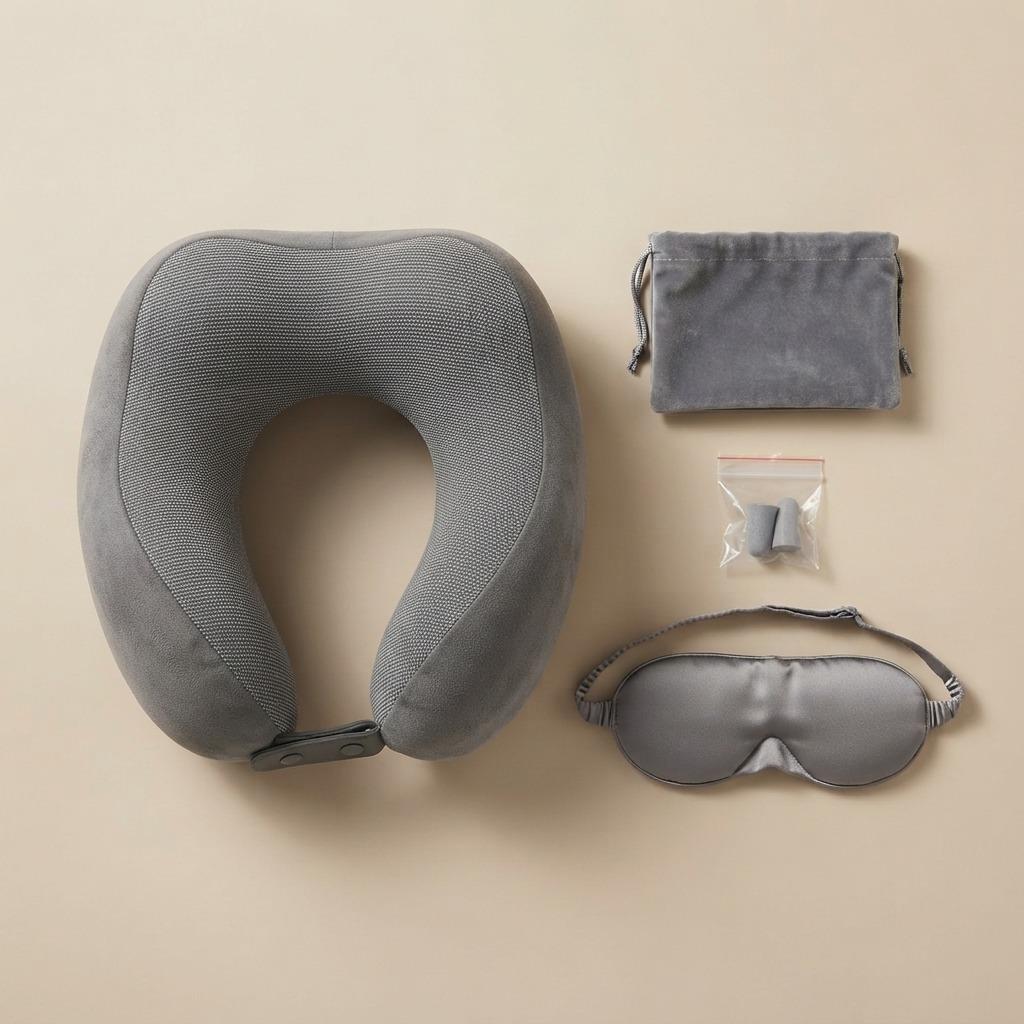 Memory Foam Travel Pillow Set with Eye Mask & Ear Plugs Adjustable Neck Support Cushion Washable Travel Pillow for Plane, Car & Train
