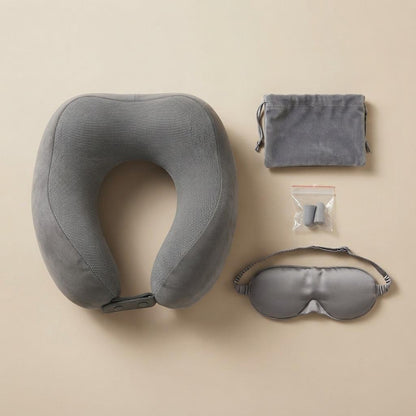Memory Foam Travel Pillow Set with Eye Mask & Ear Plugs Adjustable Neck Support Cushion Washable Travel Pillow for Plane, Car & Train