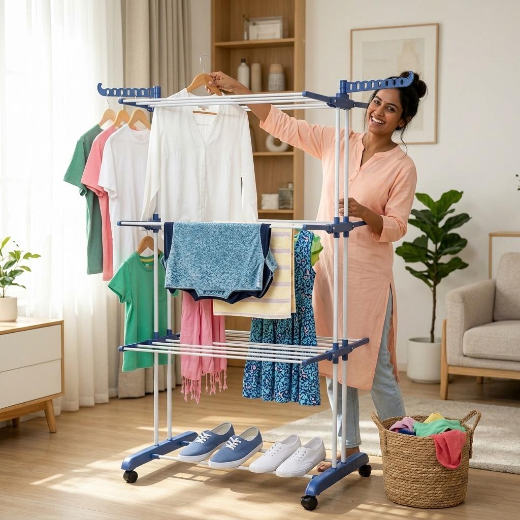 4 Tier Foldable Clothes Airer Drying Rack with Wheels Adjustable Indoor Laundry Dryer 18m Drying Space Lightweight & Durable for Household Use