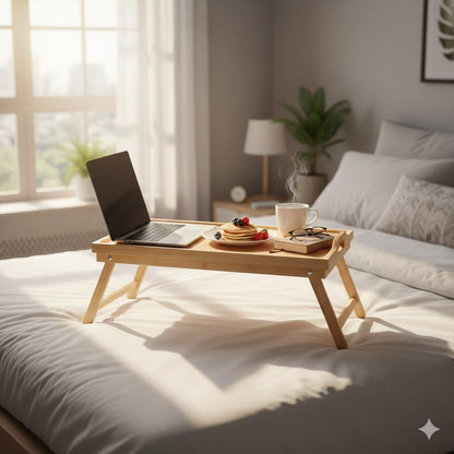 New Bamboo Bedside Table with Foldable Legs Bed Tray Breakfast Tray for Sofa Bed Eating Working Used As Desk for Laptop Snack Serving