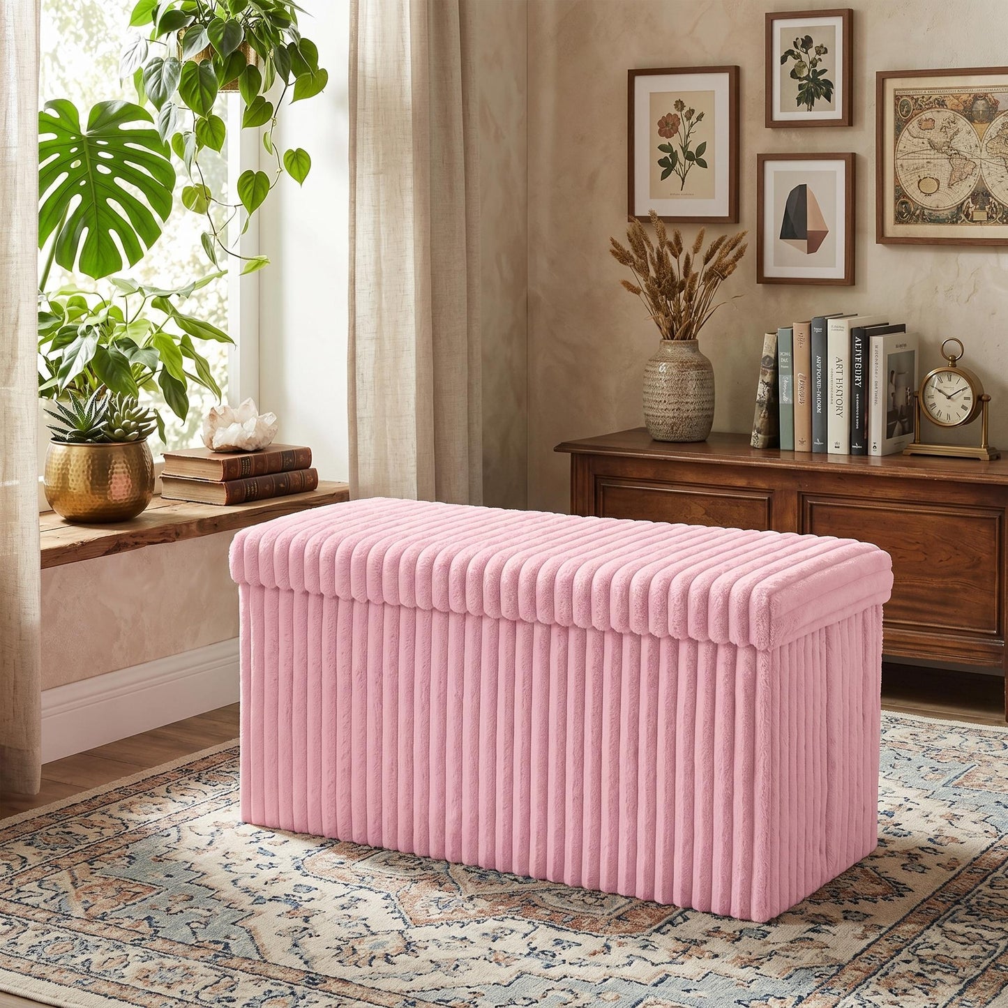 Ribbed Velvet Storage Ottoman Box with Lid – Foldable Footstool Seat & Home Storage Chest Large Size, 5 Colours)