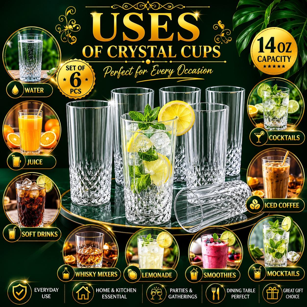 Set of 6 Crystal Effect Drinking Glasses 14oz – Long Highball Tumblers, Reusable Plastic Cups for Parties, Juice, Water & Cocktails