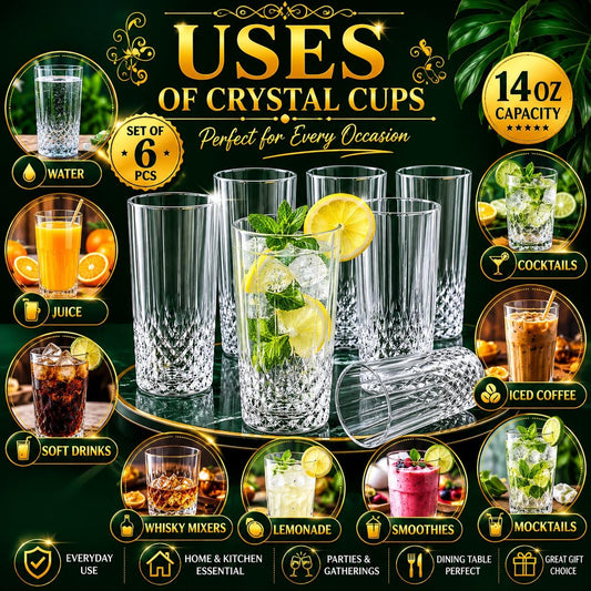 Set of 6 Crystal Effect Drinking Glasses 14oz – Long Highball Tumblers, Reusable Plastic Cups for Parties, Juice, Water & Cocktails
