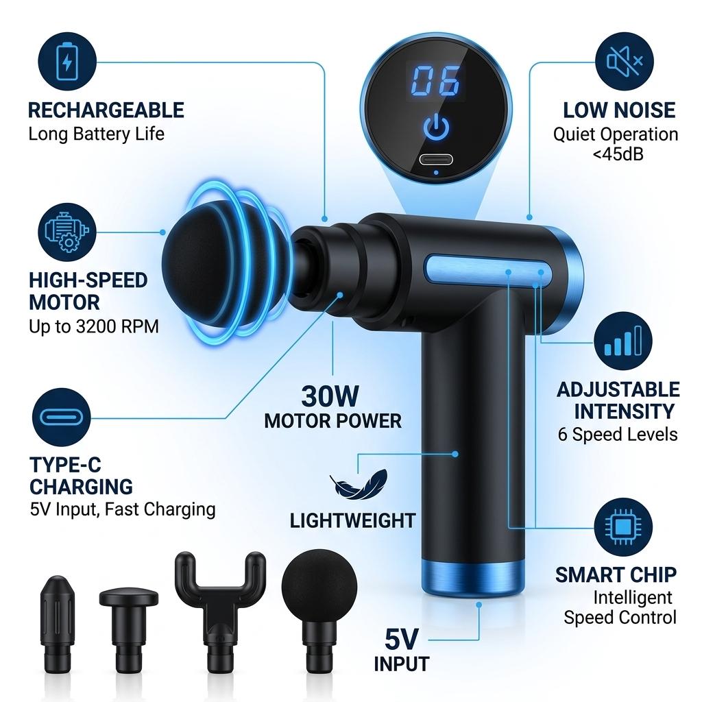 USB Rechargeable Portable Massage Gun with LED Display, Mini Deep Tissue Massager, Adjustable Speed, Low Noise, Type-C Charging, Compact Muscle Massage Device for Home, Gym & Travel