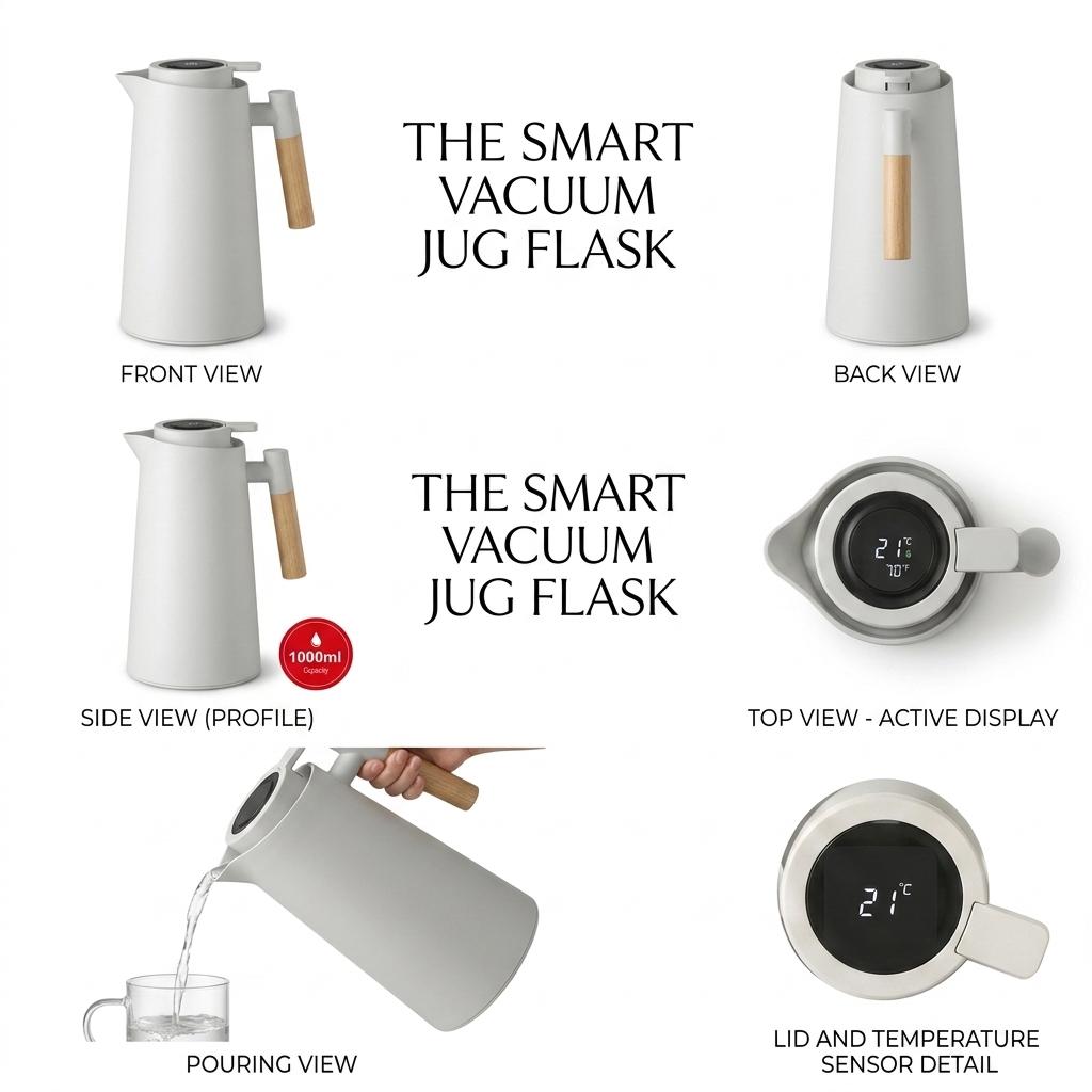 1L Smart Vacuum Jug with LCD Temperature Display, Insulated Thermal Flask, Glass Liner, Wooden Handle, Hot & Cold Beverage Jug
