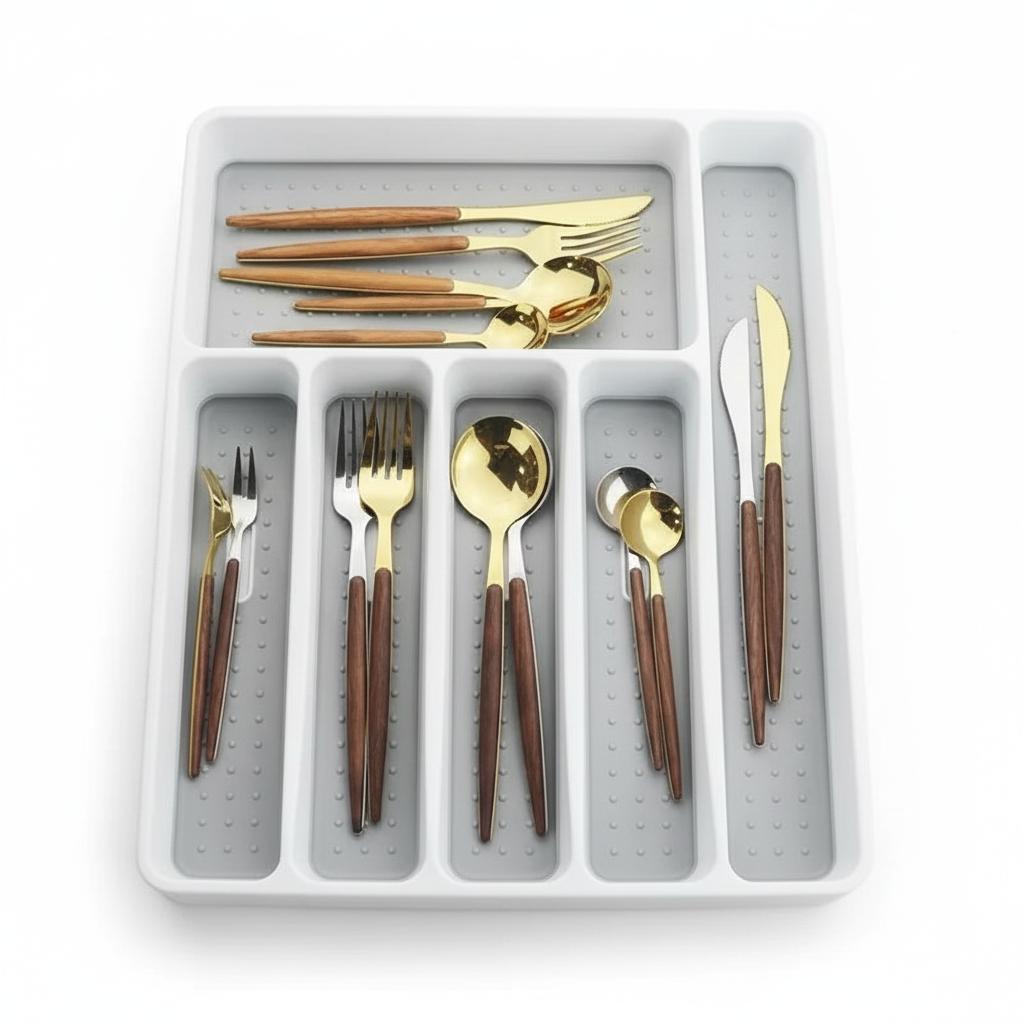 6 Compartment Drawer Organiser Tray – Non-Slip Cutlery & Utensil Storage Box for Kitchen or Office