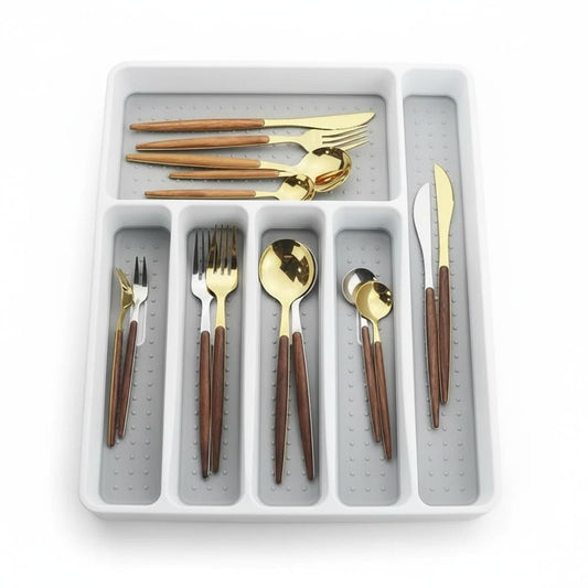 6 Compartment Drawer Organiser Tray – Non-Slip Cutlery & Utensil Storage Box for Kitchen or Office