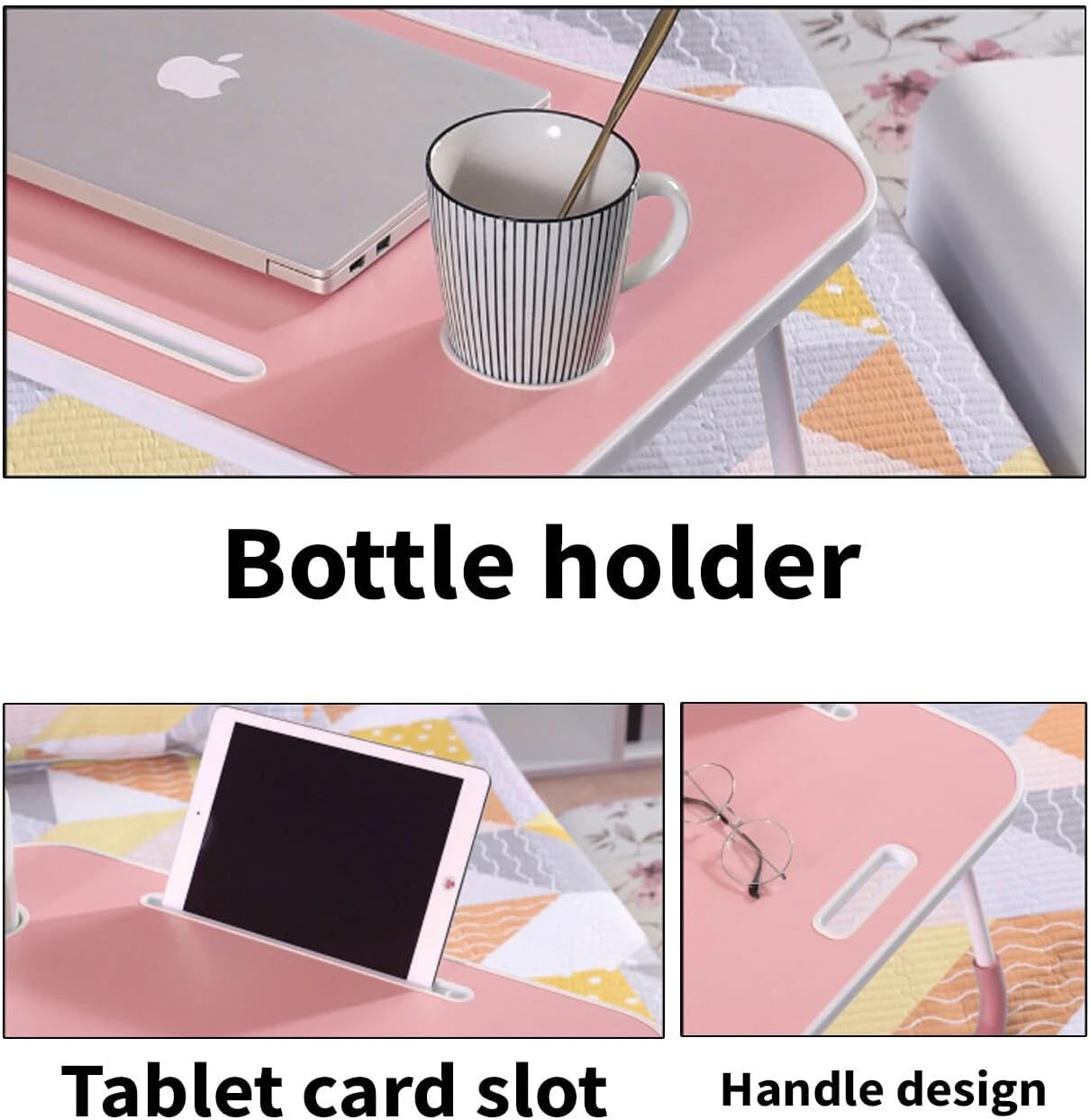 Foldable Laptop Table for Bed & Sofa Portable Desk with Cup Holder Phone/Tablet Slot Book Storage Study Work Reading Writing Breakfast Tray