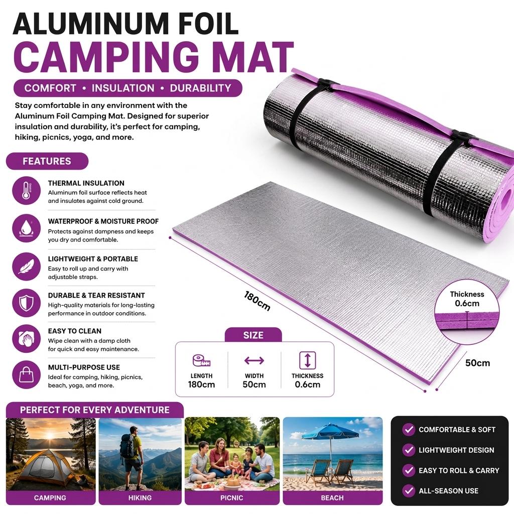 Waterproof EVA Camping Mat Pink 180 x 50 x 0.6cm Lightweight Roll Up Foam Sleeping Mat Outdoor Hiking, Picnic & Beach Ground Pad