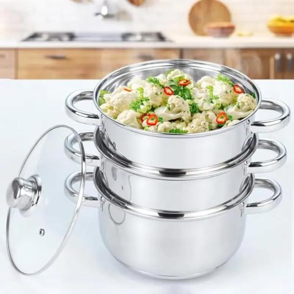 3 Tier Stainless Steel Steamer Set with Glass Lid – 25cm Multi-Level Cooking Pot (4 Piece Set) for Healthy Meals - Cookware