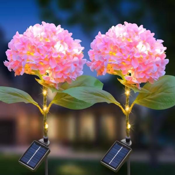 2 Pc Solar Hydrangea Flower Garden Lights Waterproof Outdoor LED Path Lights with 8 Lighting Modes for Garden, Patio & Lawn Random Color