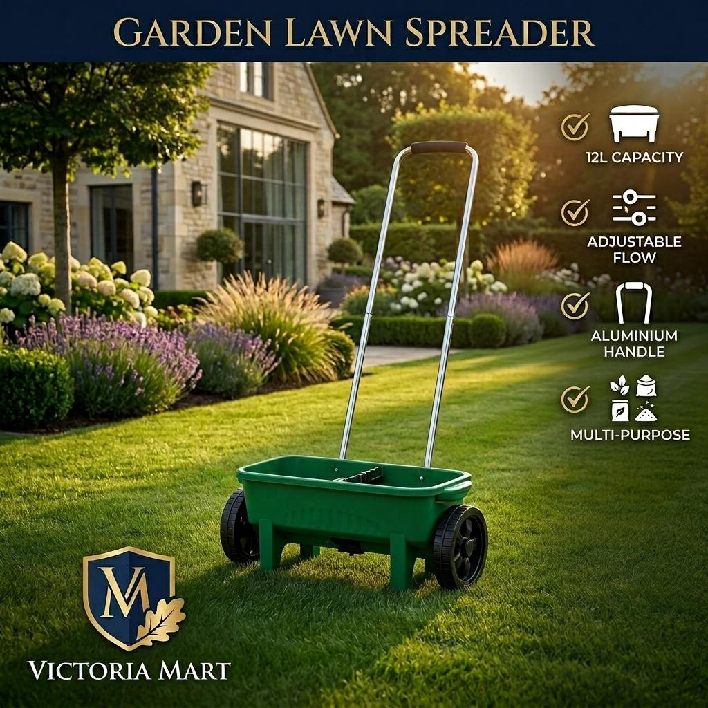12L Lawn Seed Spreader Rotary Garden Fertiliser & Salt Spreader with Adjustable Flow Rate, Long Aluminium Handle & Protective Rain Cover