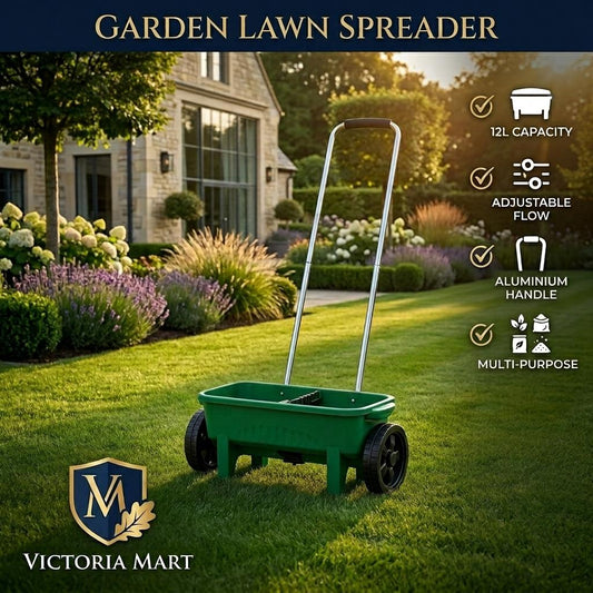 12L Lawn Seed Spreader Rotary Garden Fertiliser & Salt Spreader with Adjustable Flow Rate, Long Aluminium Handle & Protective Rain Cover