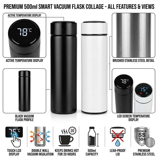 500ML Smart Vacuum Flask with LCD Temperature Display Stainless Steel Insulated Water Bottle Hot & Cold UK