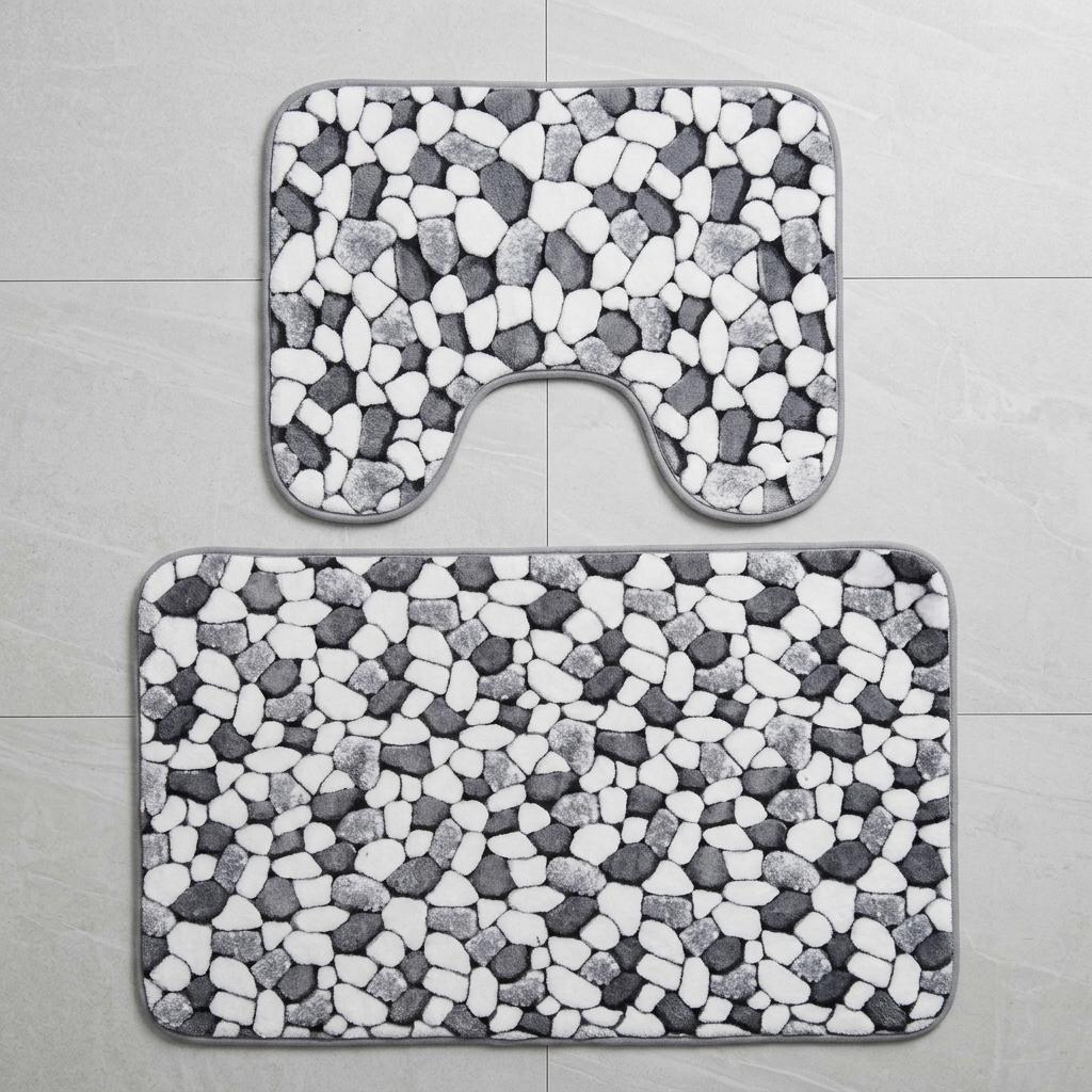2 Piece Pebble Stone Bath Mat Set, Soft Polyester Bathroom Rugs, Non-Slip Style Bath Mat Set 50x80cm & 50x40cm