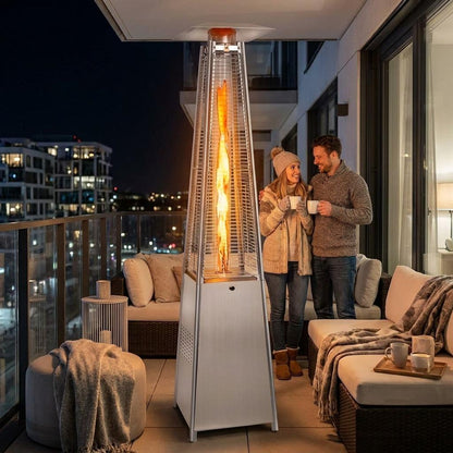 Pyramid Flame Patio Heater Outdoor Propane Gas Heater with Glass Tube Flame, Freestanding Stainless Steel Garden Heater for Patio & Backyard