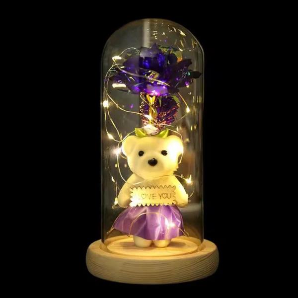LED Light Up Rose in Glass Dome with Mini Teddy Bear Romantic Gift for Valentine’s Day Birthday Christmas Random Colour