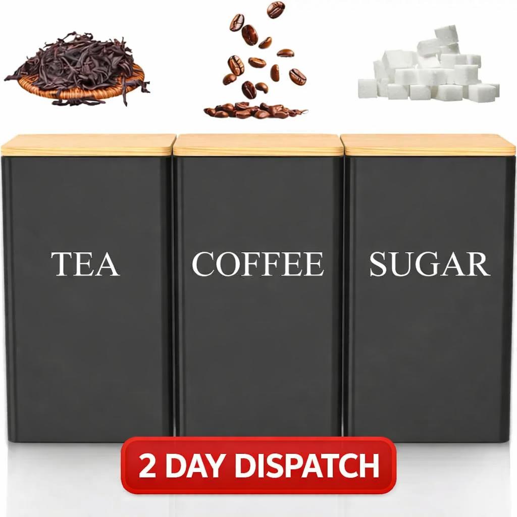 3pc Stackable Kitchen Canister Set – Airtight Tea/Coffee/Sugar Containers with Eco-Friendly Bamboo Lids for Pantry & Cupboard Organisation