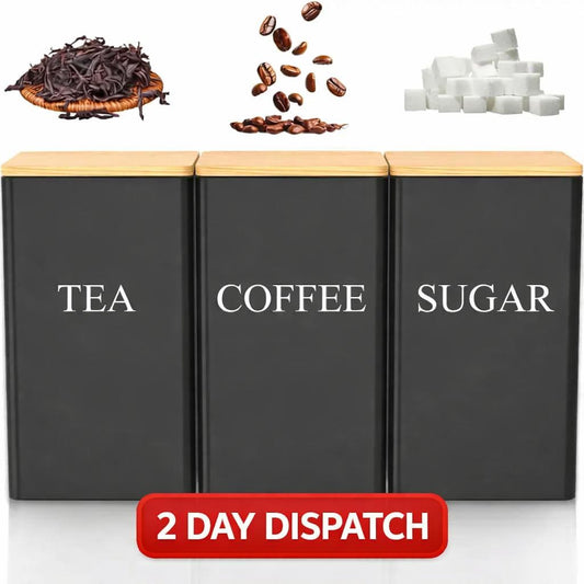 3pc Stackable Kitchen Canister Set – Airtight Tea/Coffee/Sugar Containers with Eco-Friendly Bamboo Lids for Pantry & Cupboard Organisation