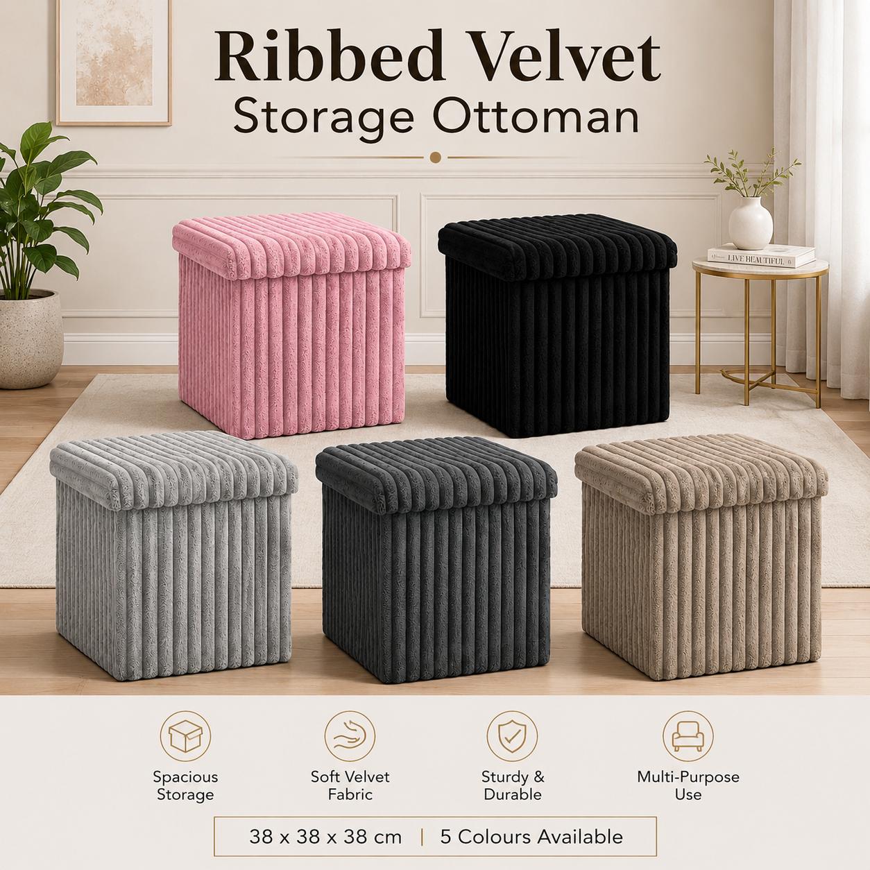 Ribbed Velvet Storage Ottoman Box with Lid Foldable Storage Seat Cube Footstool for Bedroom, Living Room & Hallway 38 x 38 x 38cm 5 Colours