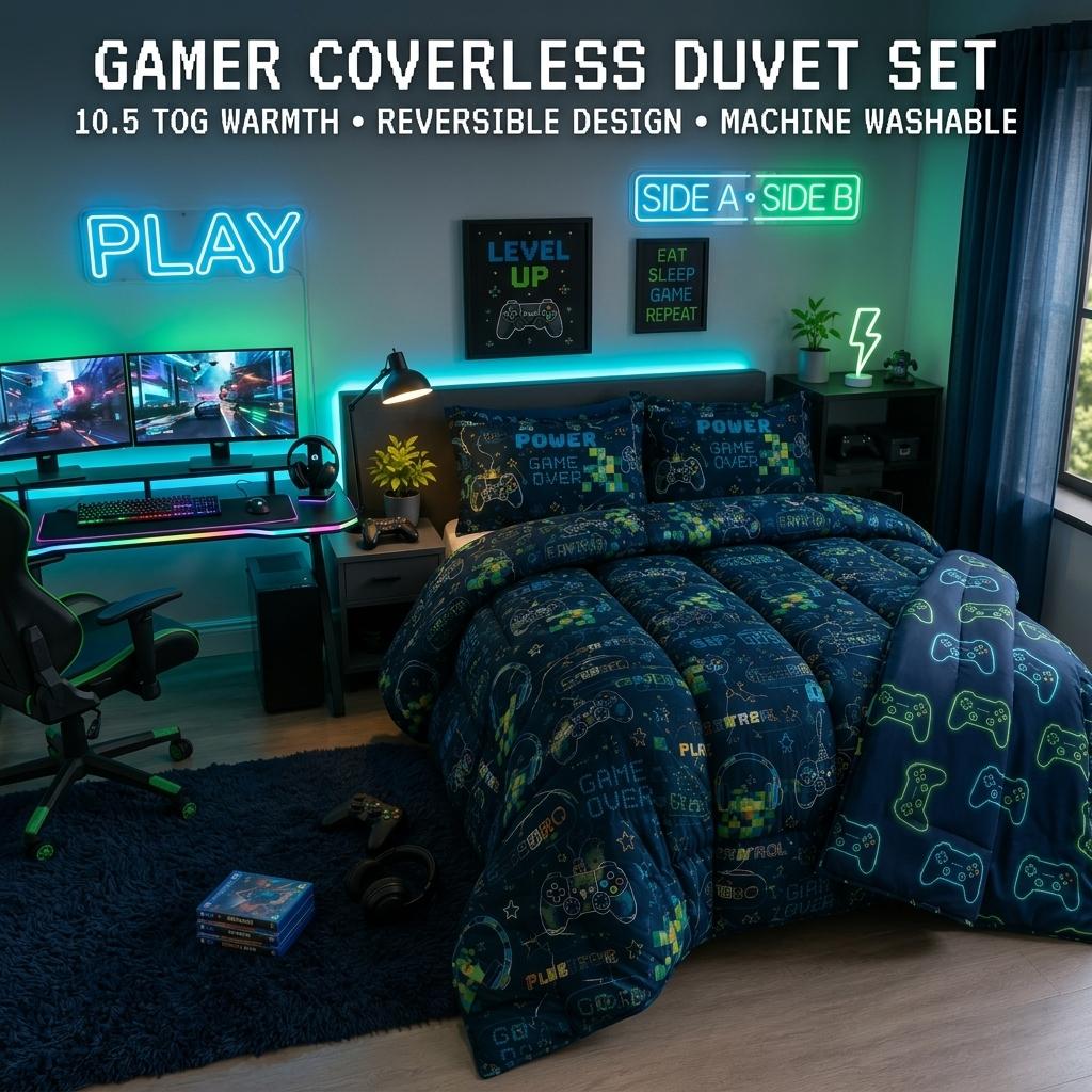 Coverless Duvet Set 10.5 Tog Reversible Quilted Bedding with Pillowcases Unicorn & Gamer Design Single Double Bed Set