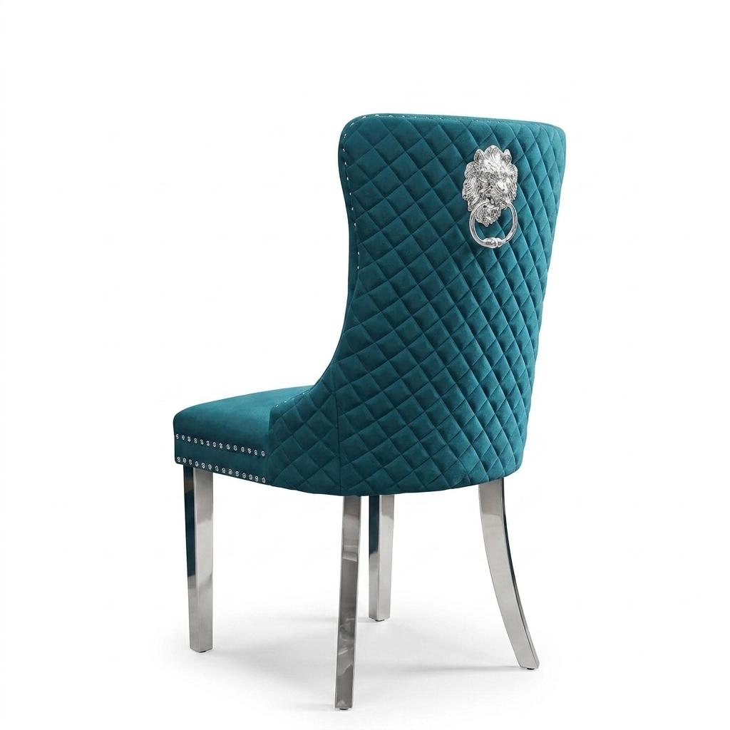 Velvet Dining Chair with Chrome Effect Door Knocker High Back Padded Seat Metal Legs Upholstered Dining Room Chair Single