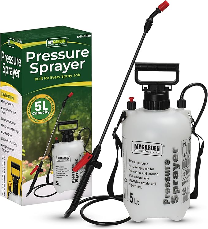 5L Pressure Garden Sprayer Pump with Long Reach Spray Wand | Hand Pump Water Sprayer for Plants, Garden Care, Fertiliser & Cleaning
