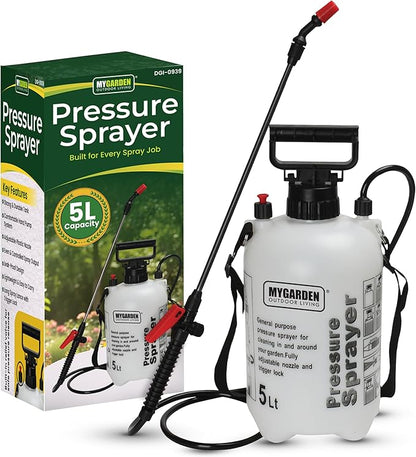 5L Pressure Garden Sprayer Pump with Long Reach Spray Wand | Hand Pump Water Sprayer for Plants, Garden Care, Fertiliser & Cleaning