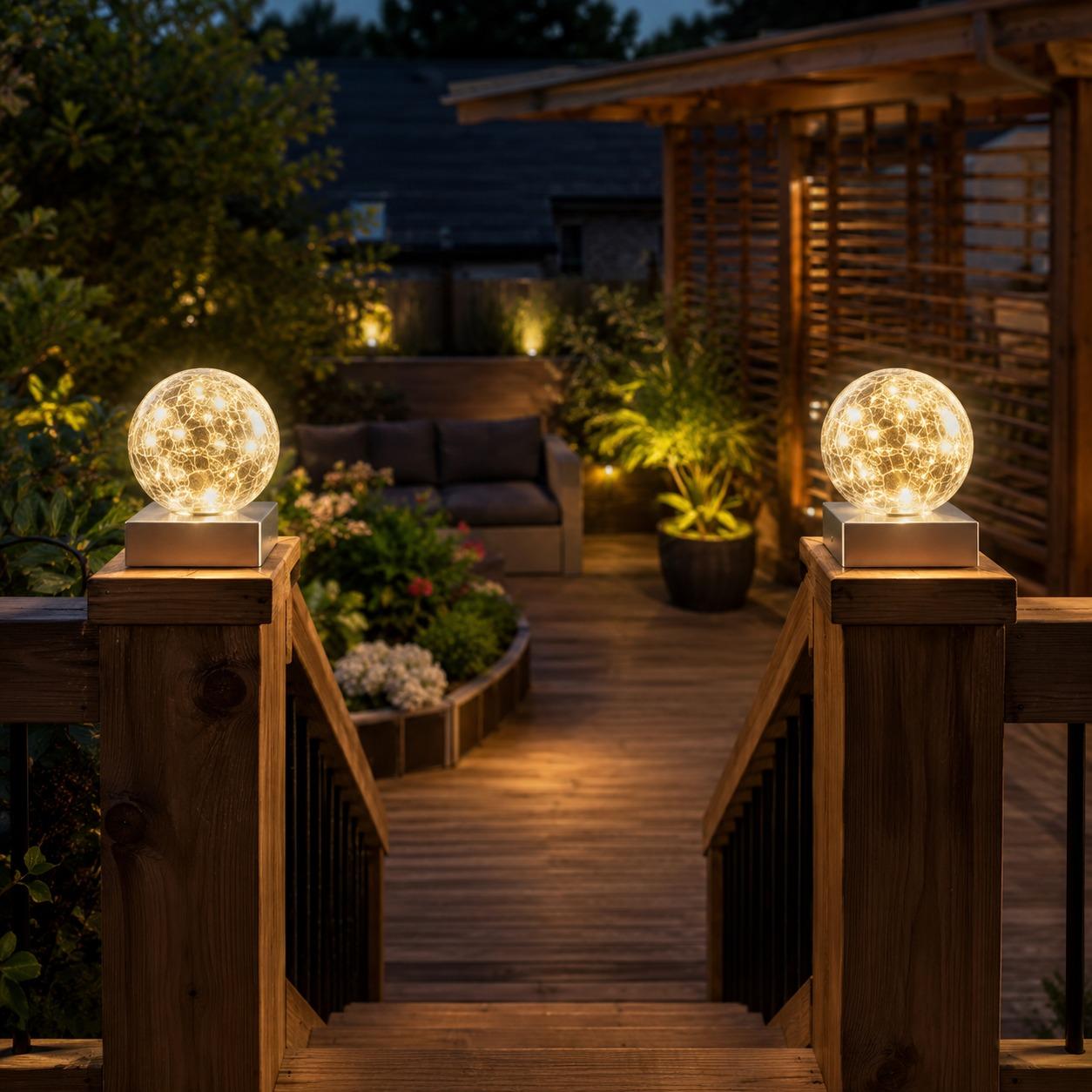 2 Pack Solar Crackle Glass Ball Lights Silver Base Outdoor LED Post Deck Cap Garden Pathway Lighting UK