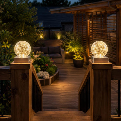 2 Pack Solar Crackle Glass Ball Lights Silver Base Outdoor LED Post Deck Cap Garden Pathway Lighting UK